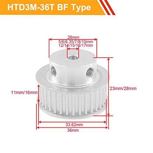 Polea HTD 3M de 36 dientes para correas de 11mm y 16mm con orificio preciso 3