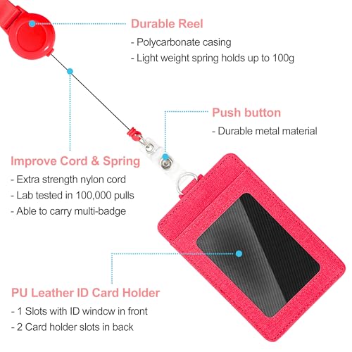 Image of Conisy ID Badge Holder with Retractable Lanyard, Vertical PU Leather ID Badge Card Holder with 2 Card Slots for Women Men (ID Badge Holder Red)