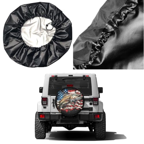 Image of Delerain Bass Fish American Flag Spare Tire Cover for RV Trailer SUV Truck and Many Vehicle, Wheel Covers Sun Protector Waterproof (15 Inch for Diameter 27 inch-29 inch)