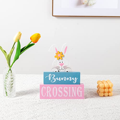 Hogardeck Easter Decorations For The Home, Hogardeck Rustic Bunny Crossing Wood Sign Three-Layer Wooden Block Signs Table Centerpiece Farmhouse Easter Bunny Decor For Mantle Tabletop Tiered Tray Party thumb #5