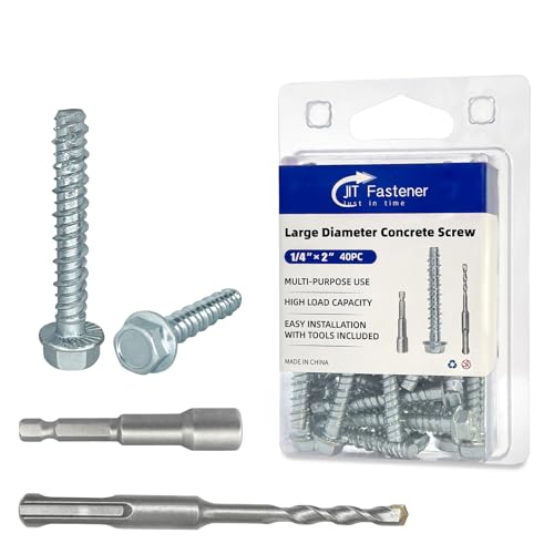 1/4" x 2" Zinc Plated Large Diameter Concrete Screws with Allen Hex Bit Socket and Drill Bit, Use for Secure Anchoring to Masonry, Brick or Block (40-Pack)