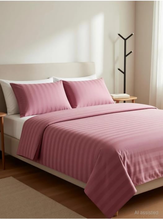 Image of Pink Striped King Flat Bedsheet 300 Thread Count Polycotton Blend