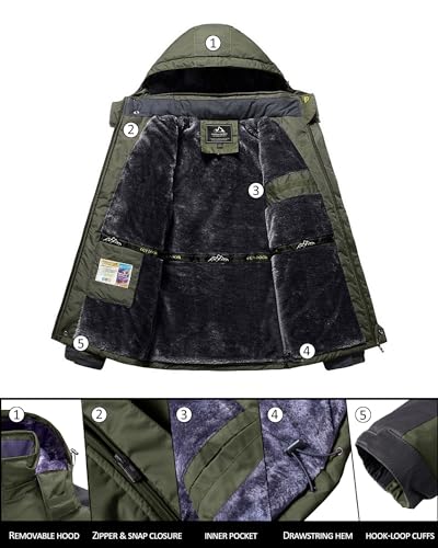 KEFITEVD Herren Winterjacke Warm Fleece Winter Jacke Thermojacke Softshell Jacke mit Kapuze Skijacke Snowboarden Wandern Männer Funktionsjacke Dunkeloliv XL