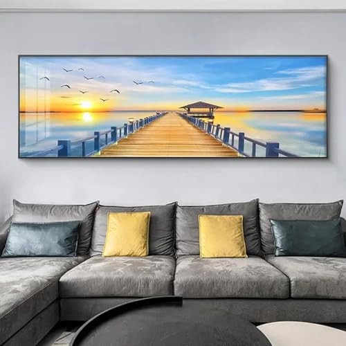 Peinture sur toile lever de soleil en mer toile moderne minimaliste sans cadre 45x135cm