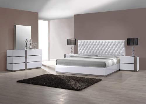 Seville 5-Piece Modern Bedroom Set with Crystal-Tufted Faux Leather Bed, White Lacquered Frame & Silver Base, 2 Nightstands, Dresser & Mirror, Contemporary Master Suite Furniture, (Queen)