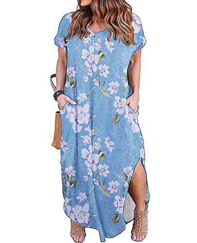 Image of Kancystore Women's Plus Size Dresses Summer Casual Loose Pocket Short Sleeve Slits Long Maxi Dress XL-5X