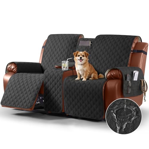 Image of Ruaozz Waterproof Recliner Loveseat Cover with Console, Non-Slip Couch Cover for Double Recliner Split Sofa with Elastic Straps for Kids, Dogs, Pets (Black, 2 Seater)