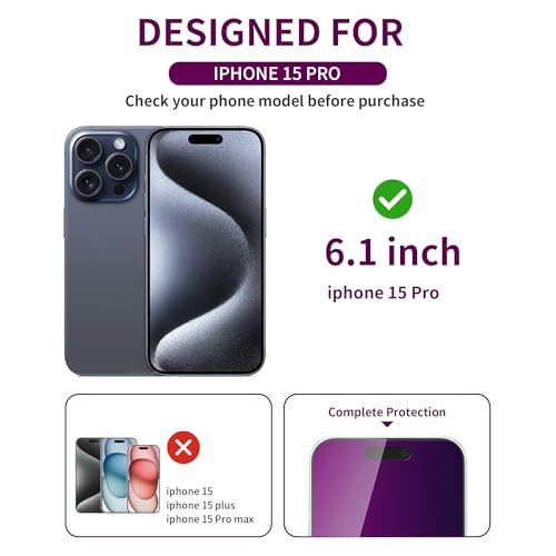 Image of 2 Pack Privacy Screen Protector for iPhone 15 Pro Tempered Glass 6.1inch Private Saver Anti-Spy Eye Protection Anti-Scratch Full Coverage