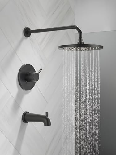 Image of Delta Faucet Modern Raincan Round Single-Function Tub and Shower Trim Kit Black, Tub Faucet Set, Rainfall Shower Head Black, Delta Shower Trim Kit, Matte Black T14469-BL-PP (Valve Not Included)
