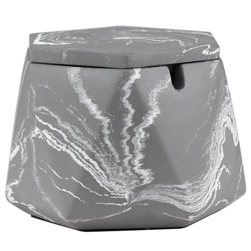 FREELOVE Concrete Ashtray with Lid & Stainless Steel Ashtrays for Cigarettes, Cement Ash Tray Smoking Holder Indoor Smokeless Outdoor Windproof Patio Home Office Cool Decor(Grey-White, Large)