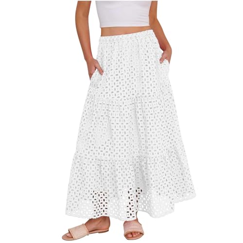 Womens Summer Casual Eyelet Bohemian Maxi Skirt with Pockets Beach Vacation Long Skirt with Mini Underneath2
