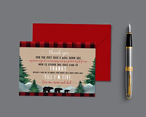 Lumberjack Baby Shower Thank You Cards (15 Pack) Prefilled Note From Boy – Individual Notecards With Envelopes – Say Thanks For Babies Registry Gifts – Red And Black Theme Bear – 4X6 Blank Set #TOP4
