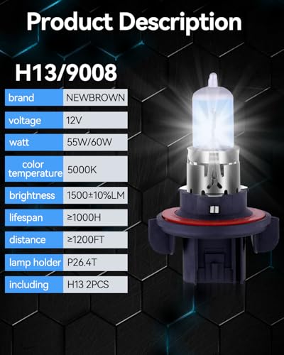 Image of NEWBROWN H13 Headlight Bulb 9008 Halogen Headlight Bulbs 5000K Super White Light Long Life Replacement P26.4T 12V 55W /60W (H13 /9008, 2 Pack)