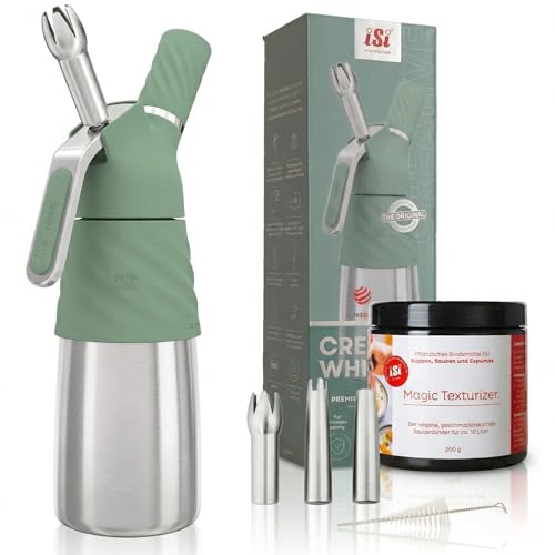 iSi Creative Whip Premium Sahnespender 500ml Wave Green aus Edelstahl inkl. 3 Edelstahltüllen & Magic Texturizer Sahnespender für Sahne Dessert & Herzhaftes Spülmaschinenfest