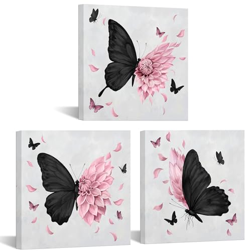 Fochorlo Black and Pink Wall Art Butterfly Wall Decor Dahlia Painting...