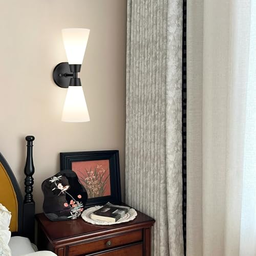 Image of Bathroom Sconces Set of 2, Matte Black Wall Sconces Set of Two, Bathroom Vanity Light with Milk Glass Shade, Modern Wall Light Fixtures for Bath Mirror Hallway Bedroom Living Room Kitchen, Hardwired