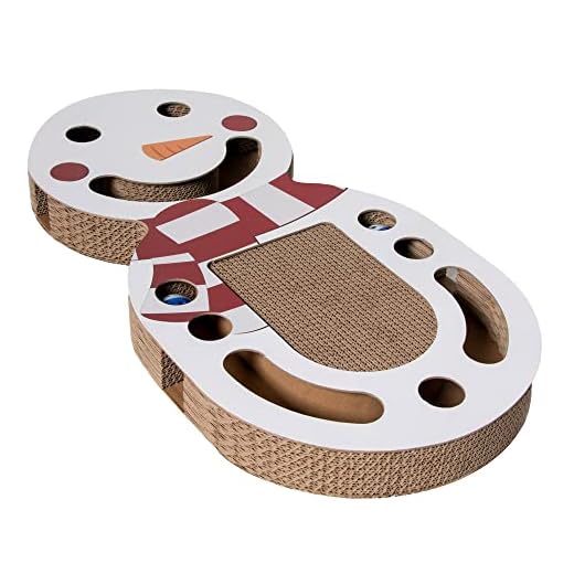 Furhaven Scratching Pad Ball Track Cat Toy w/ Catnip for Indoor Cats - Giant Snow Man Holiday Corrugated Busy Box Scratcher - White, One Size