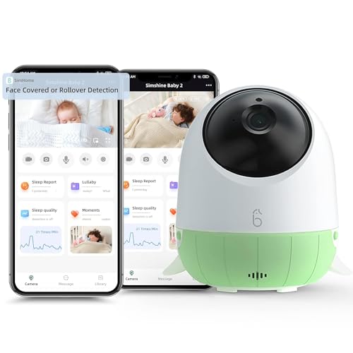 Simshine Baby Monitor with Camera and Night Vision, Face Covered Alert, AI Cry Soothing Lullaby, Peace of Mind Sleep Analysis Breathing, Temp Humidity, 2K UHD Video Camera, 2-Way Talk