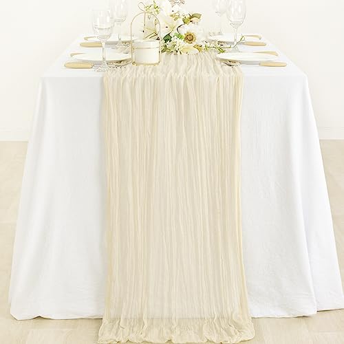 Image of MLMC 6 Pack Beige Cheesecloth Table Runner 10ft Rustic Boho Gauze Cream Table Runner Bulk Decor 65x120 Inches for Wedding Bridal Baby Shower Party Decor
