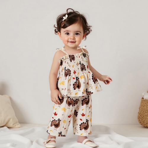 VISGOGO Halloween Toddler Girl Outfit Pumpkin Smocked Tie-up Spaghetti Strap Tops Leg Pants Halloween Baby Girl Clothes3