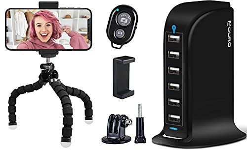 Aduro U-Stream Flex Phone Tripod Stand with Wireless Remote Bundle with 40W 6-Port USB Desktop Charging Station Hub Wall Charger for iPhone iPad Tablets Smartphones with Smart Flow (Black)