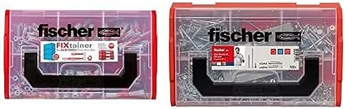 fischer Set aus FIXTAINER DuoPower kurz/lang und FIXTAINER PowerFast II, der intelligente Universaldübel mit drei Funktionsprinzipien, kombiniert mit den universell einsetzbaren Spanplattenschrauben