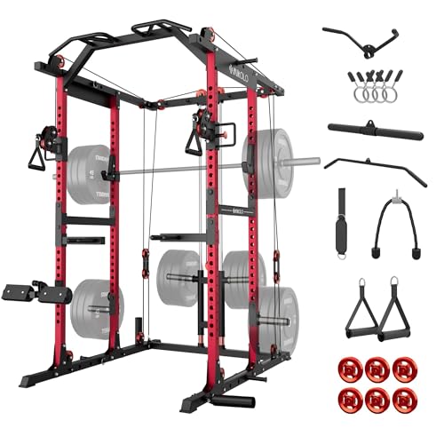 Mikolo K6 2.0 Power Cage, Power Rack with Cable Crossover System, 2000LBS Squat Rack with LAT Pull Down System, Functional Trainer with Aluminum Pulley System for Home Gym, Red