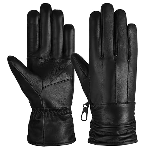 Preisvergleich Produktbild Hand Fellow Echtes Schaffell Damen Lederhandschuhe, Damen Winterhandschuhe Fleece gefütterte Touchscreen Fahrerhandschuhe (Black, M)