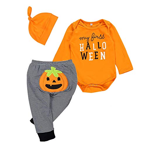Toddler Infant Baby Boy Girl Halloween Pumpkin Costumes Sleeveless Romper Outfit with Hat (3-6 Months, 3Pcs Halloween Pants Set)