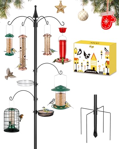 iBorn Bird Feeders Hanging Station Wild Bird Feeding Station Stand Heavy Duty 1 Inch Pole W/Removable Mesh Tray Water Tray, 6-Hooks, 5-Prong Pole Stabilizer (Bird Feeders NOT Included)