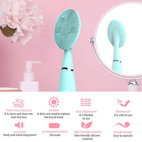 Sonic Facial Cleansing Brush, Lyrzzey Portable Handled Face Cleansing Brush With 5 Adjustable Speeds Vibrating Rechargeable Face Cleansing Brush For Deep Cleaning Gentle Exfoliating Massaging(Blue) #TOP2