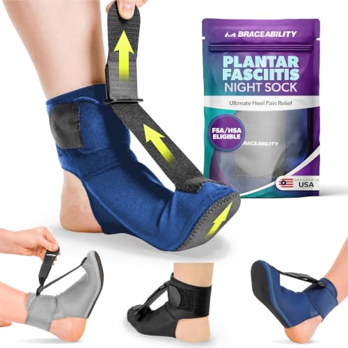 Image of BraceAbility Plantar Fasciitis Night Splint Sock - Plantar Fascia Boot for Sleeping, Achilles Tendonitis Relief, Foot Drop, Heel Pain - Planter Facetious Brace for Women and Men - Navy (L)