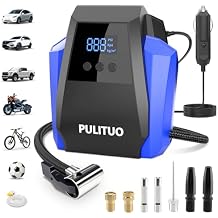 PULITUO Tire Inflator Portable Air Compressor - Car Accessories 12V DC Air Pump for Car Tires with Digital Pressure Gauge, Emergency LED Light for Wheel, Bike, Ball, Motor