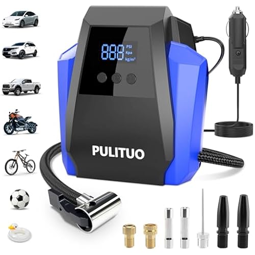 PULITUO 12V DC Tire Inflator - Portable Air Compressor 35L/min, 150 PSI Car Tire Pump with Auto Shut Off, Digital Pressure Gauge and LED Light, Blue