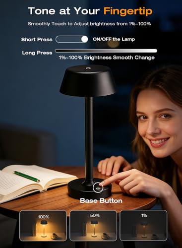 Cordless Rechargeable Table Lamp with Power Charger,Portable LED Desk Lamp,5000mAh Battery Operated,2700K-5700K Tunable,Stepless Dimming for Bedroom Bedside Outdoor Camping Light,Black - Image 6