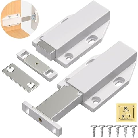 Magnetic Push Latch Heavy Duty Jiayi Push to Open Cabinet Hardware Magnetic Touch Latches for Large Door Push Release Latch Kitchen Drawer Push Catch Press Out Latch (White, 2 Pack) Cover