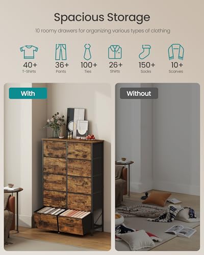 Image of SONGMICS BELLAH Collection - Dresser for Bedroom, Chest of Drawers, Storage Organizer Unit, Closet, Entryway, Steel, 10 Drawers, Industrial, Rustic Brown and Ink Black ULGS125B02S