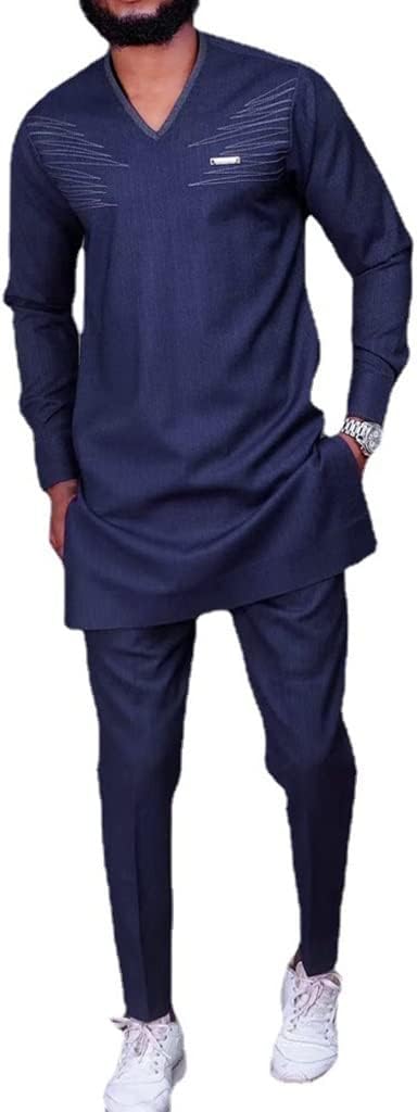 Men 2 Piece Set Top African Clothing Tracksuit Dashiki Coats Jacket and Pants Outfit Suit Casual Long Sleeve Shirt (Color : Blue, Size : 3X-Large)