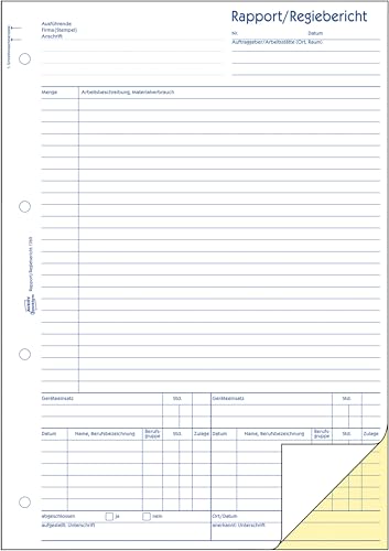 AVERY Zweckform 1769-5 Rapport/Regiebericht (A4, selbstdurchschreibend, von Rechtsexperten geprüft, für Deutschland und Österreich zur Dokumentation der Arbeitsleistung, 2x40 Blatt) 5er Pack weiß/gelb