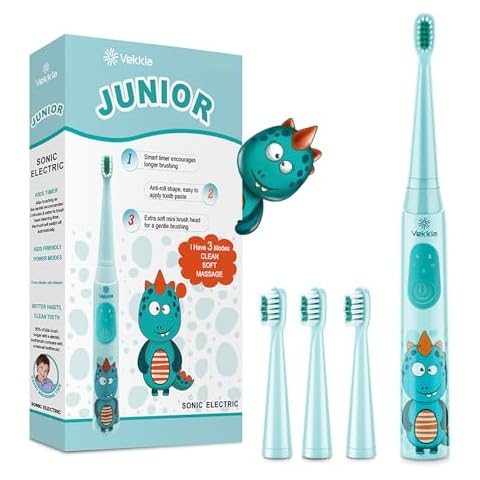 Vekkia Sonic Rechargeable Kids Electric Toothbrush, 3 Modes with Memory, Fun & Easy Cleaning, 24000 Strokes, IPX7 Waterproof, 2-Min Timer for Age 5+, 4 Soft Bristles(Blue) Cover