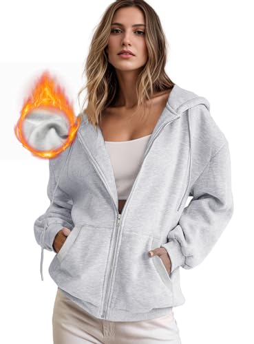 IWOLLENCE Sweatjacke Damen Zipper Hoodie Fleecejacke Grau L
