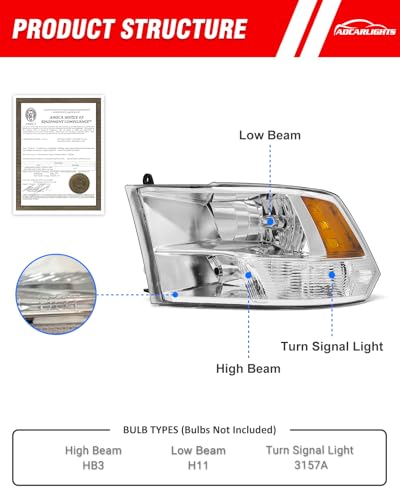 for 2010 2011 2012 2013 2014 2015 2016 2017 2018 Dodge Ram Headlight Assembly compatible with 10-18 Ram 1500/10-18 Ram 2500 3500 Chrome Housing Amber Reflector Headlamp Replacement - Image 5