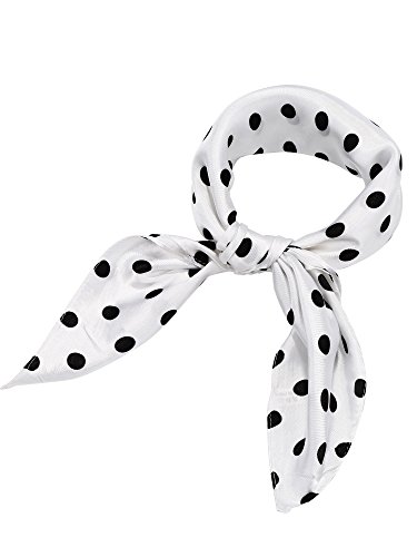 1950s Chiffon Scarf Chiffon Scarf Square Handkerchief Neck Scarf Satin Ribbon Scarf Hair Tie for Women Girls (White with Black Spots, 23.6 x 23.6 inches)