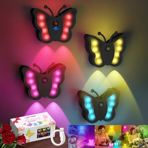 Image of LOFTEK Rechargeable Motion Sensor Light, RGB Color Change & Dimmable Wall Night Light, Cute Butterfly Light for Kids' Bedroom, Bathroom, Hallway, Tent, Stairs, Camping - Gift, Black of 4