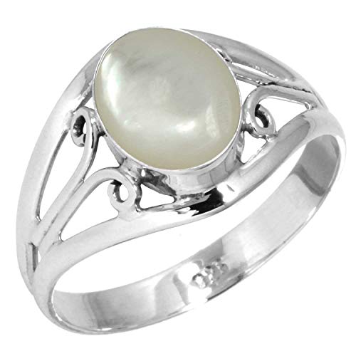 Jeweloporium Bague en argent sterling 925 avec nacre blanche, taille 49, bijou bohème en pierres précieuses ovales naturelles.