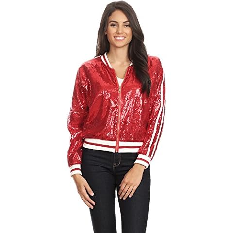 Anna-Kaci Womens Long Sleeve Front Zip Track Stripe Sequin Bomber Jacket, Red, Medium Cover
