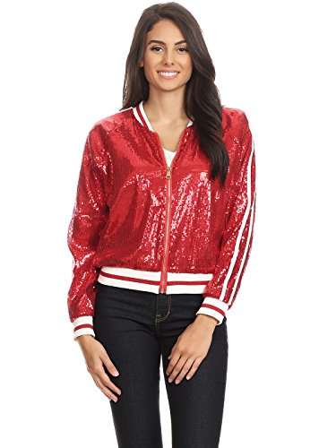 Anna-Kaci Womens Long Sleeve Front Zip Track Stripe Sequin Bomber Jacket, Red, Small