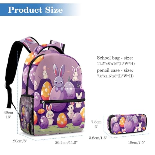 Cartable lapin de Pâques violet avec trousse pour élèves de primaire et collège - 2