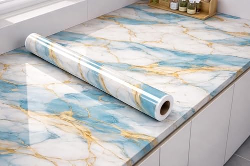 Image of VOOY Self-Adhesive Kitchen Wallpaper, PVC 3D Wall Sticker Oil Proof & Waterproof, Kitchen Backsplash Stickers Wallpaper Navy Blue and Golden Marble Pattern (60cm x 200cm) (Pack of 2) (TS-80)