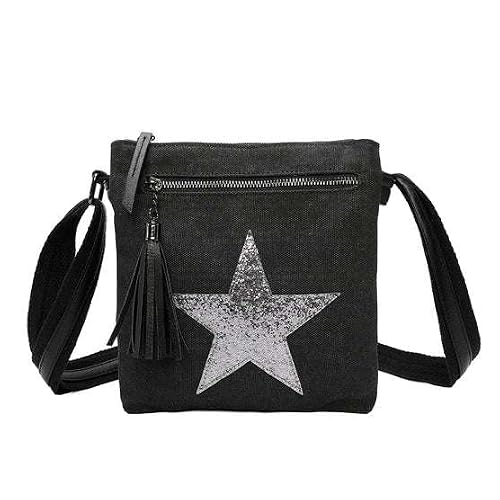 Image of Fontanella Fashion Women Double Compartments Shiny Glitter Star Canvas Small Shoulder Messenger Handbag Crossbody Bag-BLACK